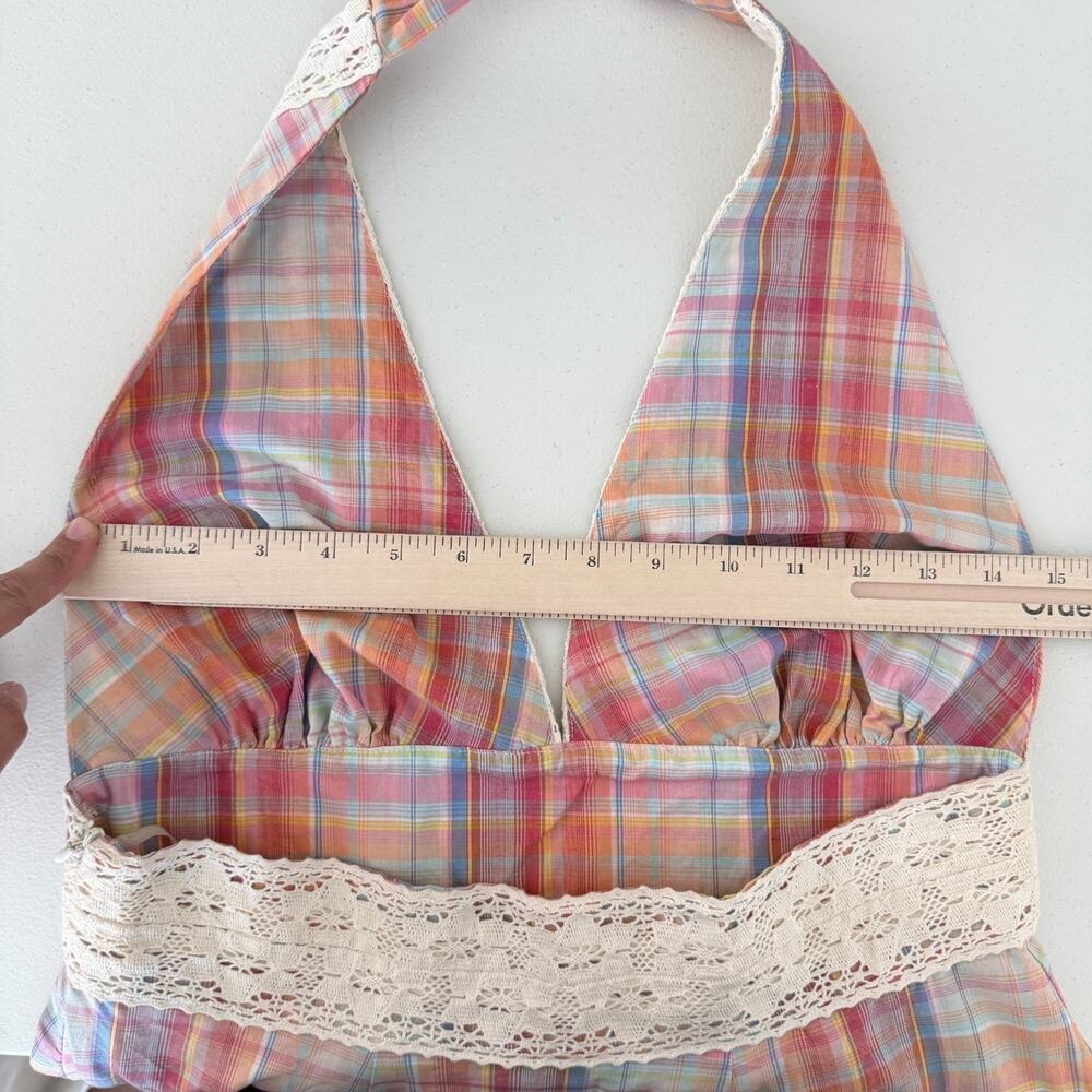 Vintage Cottagecore Dress Large Plaid Halter Crochet Milkmaid Boho Prairie Y2K - Picture 13 of 14